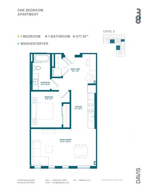 Floor plan for 1 bed, 1 bath, 596 sqft